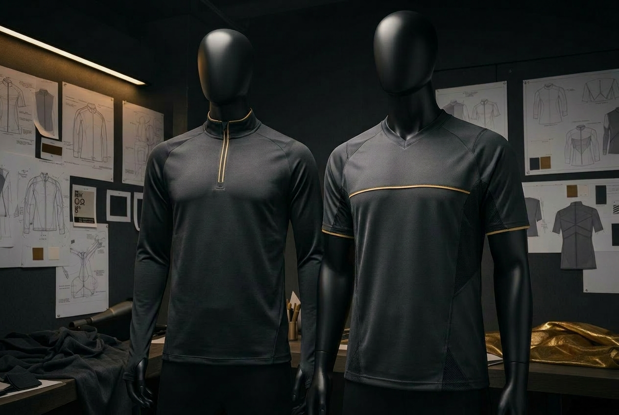 Premium custom sportswear manufactured for brands — dark industrial studio