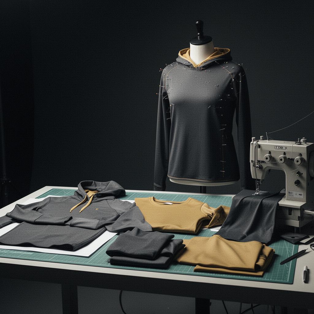 Product development studio — fabric swatches, pattern pieces, sewing machine and garment sample on dress form