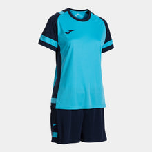 Load image into Gallery viewer, Joma Lider Ladies Shirt/Short Set (Turquoise Fluor/Dark Navy)